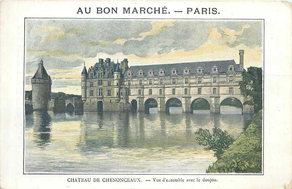 Castelo de Chenonceaux — Vista geral com o donjon — Au Bon Marché, Paris - Frente
