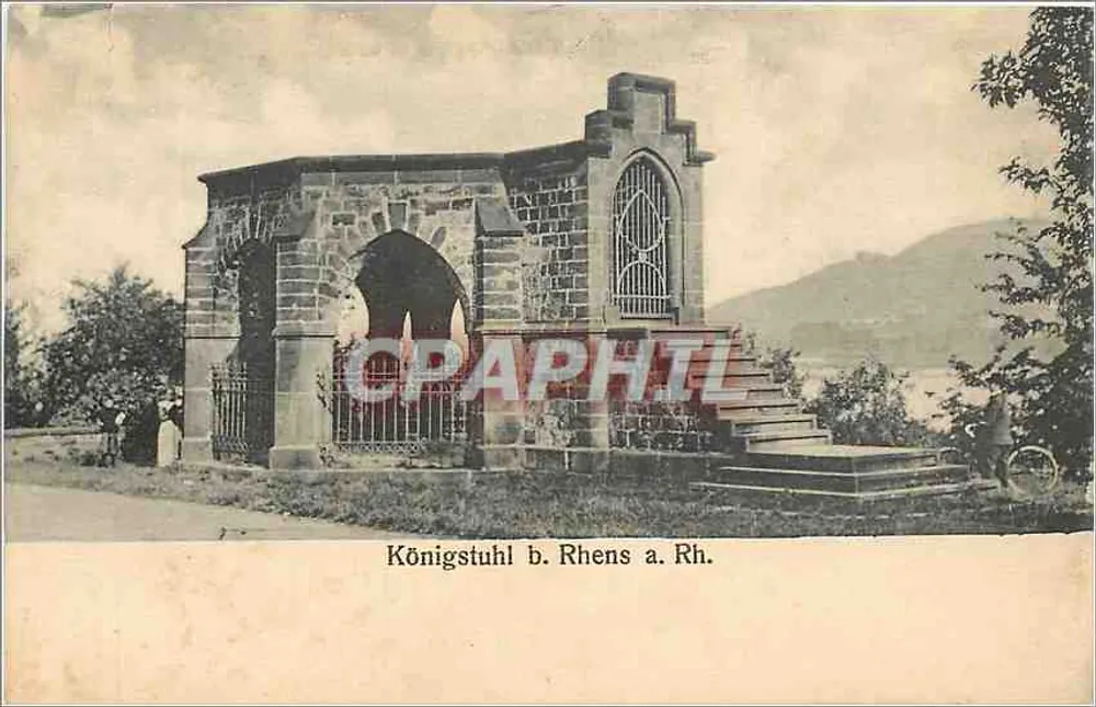 Königstuhl b. Rhens a. Rh. — monumento em pedra com arco e grade — editor Verlag Rudolf Freund, Goblentz - Frente