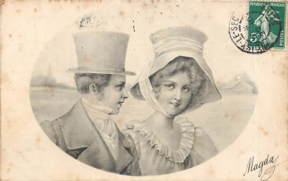 Casal em traje da época — Magda — editor Magda, n° de série B.K.W.I. 435-4 - Frente