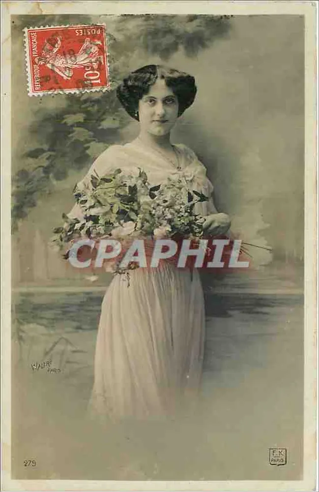 Jovem mulher em vestido branco segurando um buquê — Editora W. L. Paris, n° 279 - Frente
