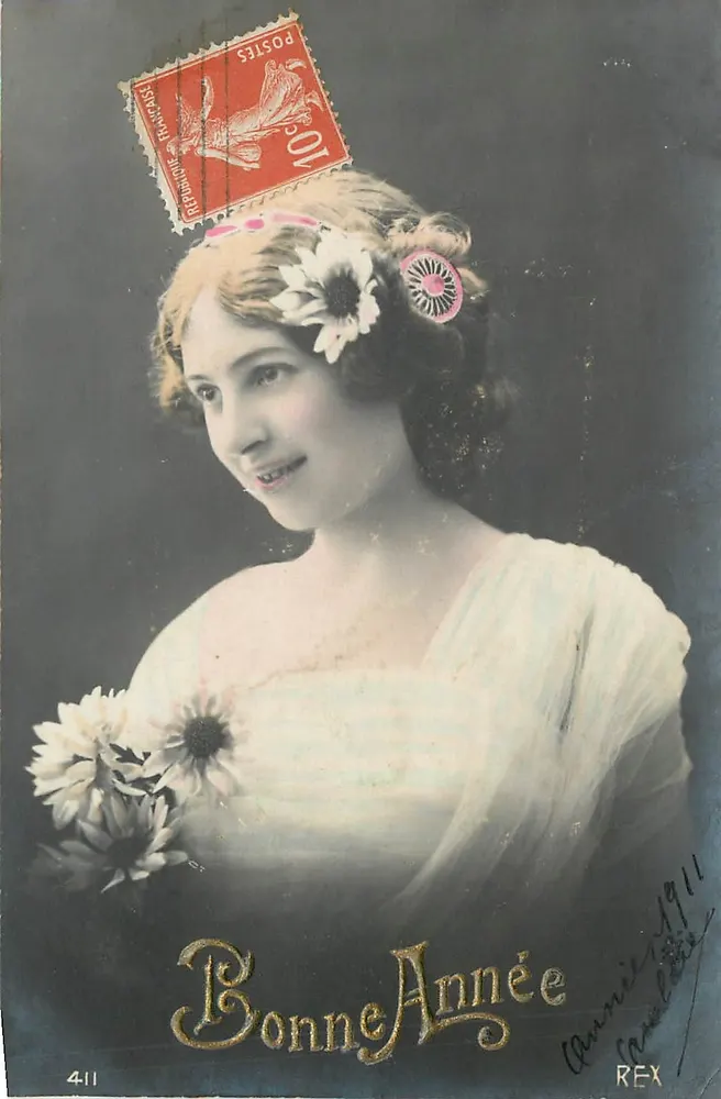 Frau mit Blumen — Frohe Neujahr 1911 — REX, n°411 - Vorderseite