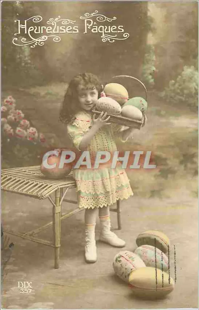 Menina segurando um cesto de ovos de Páscoa — DIX 357 — Editor DIX - Frente