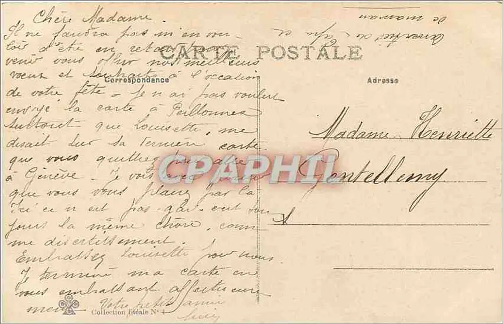 Frau in weißem Kleid und Hut — Grußkarte zur Feier — unbekannter Verlag, Ideal Collection Nr. 4 - Rückseite