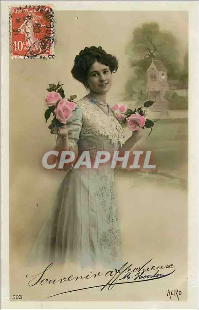 Mulher em vestido de estilo Art Nouveau segurando rosas — editor AERO, n° 503 - Frente