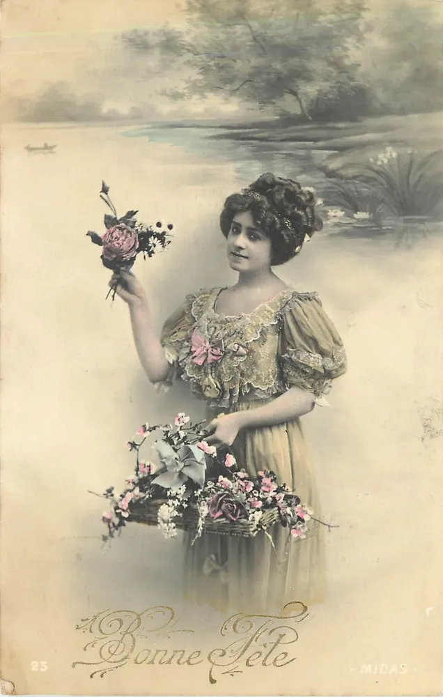 Frau mit Blumenstrauß und Blumenkorb — Frohe Geburtstage — MIDAS n°25 - Vorderseite