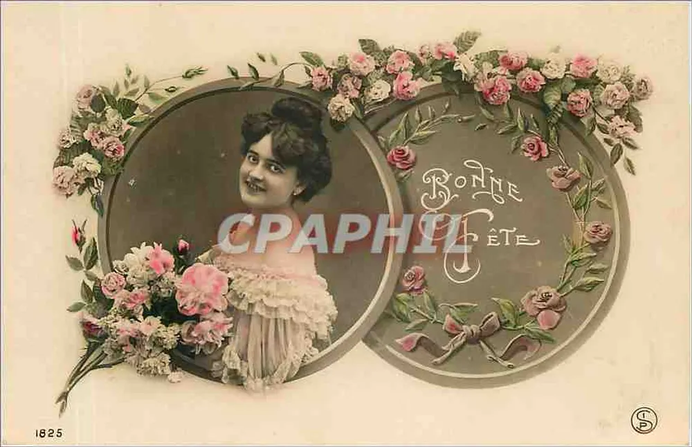 Jeune femme en robe à volants — décor floral et inscription 'Rodne Fête' — éditeur S, n° 1825 - Recto