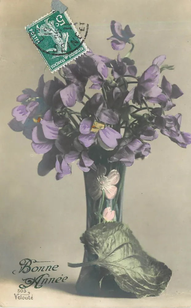 Vaso de violetas — Boa Ano — Velouté, n°503 - Frente