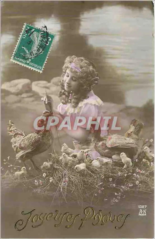 Fille avec poules et poussins — Joyeuses Pâques — A.N. Paris n°1327 - Recto