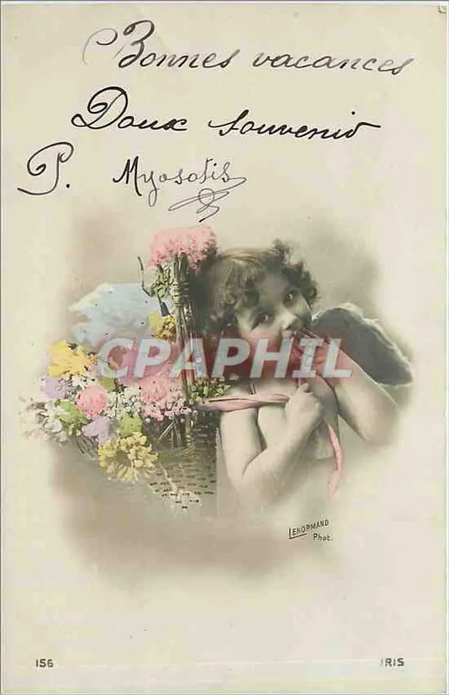 Enfant avec panier de fleurs — Bonnes vacances, Daux Souvenirs — Leroymand Phot. n°156 - Recto