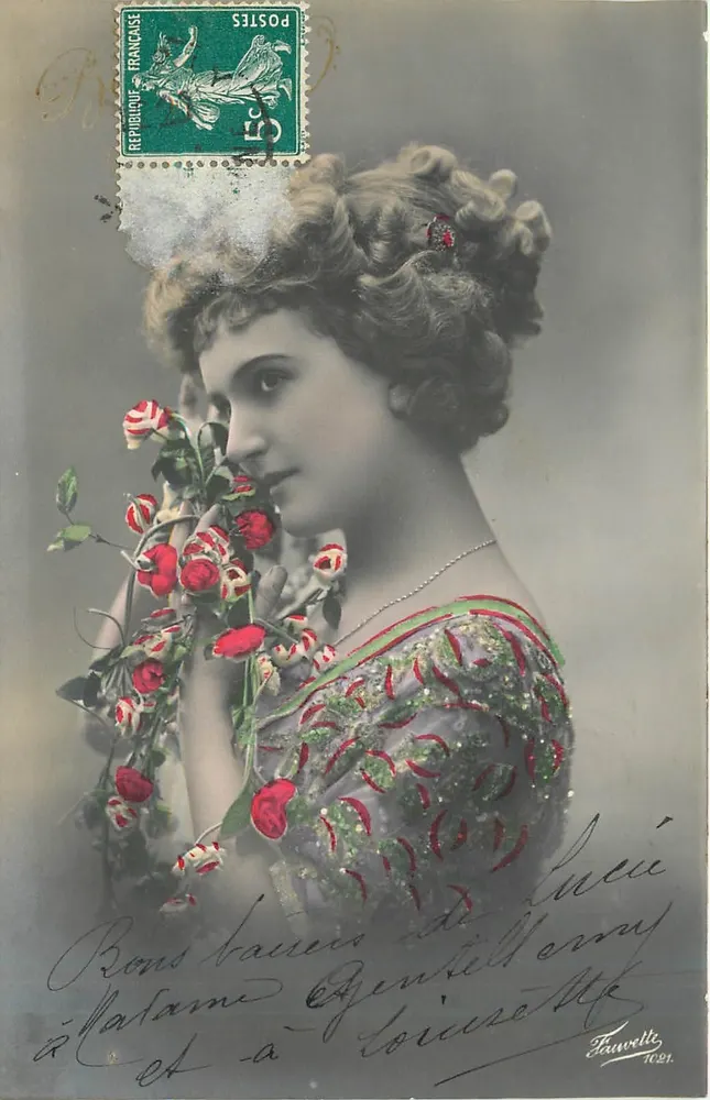 Jovem mulher com rosas — fototipia — Fauvetti, n° 1091 - Frente