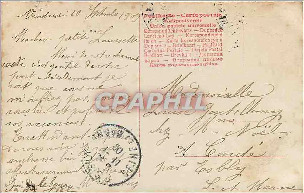 Młoda kobieta w różowej i zielonej sukni — wydawca P. 2141/3 - Rewers