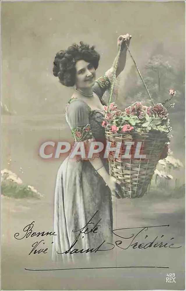 Mulher segurando um cesto de flores — Carta de vœux para a festa de Santa Térèse — REX 429 - Frente