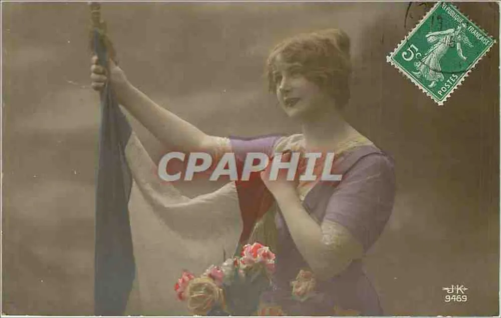 Jovem mulher segurando a bandeira francesa — ilustração — editor JK n°9469 - Frente