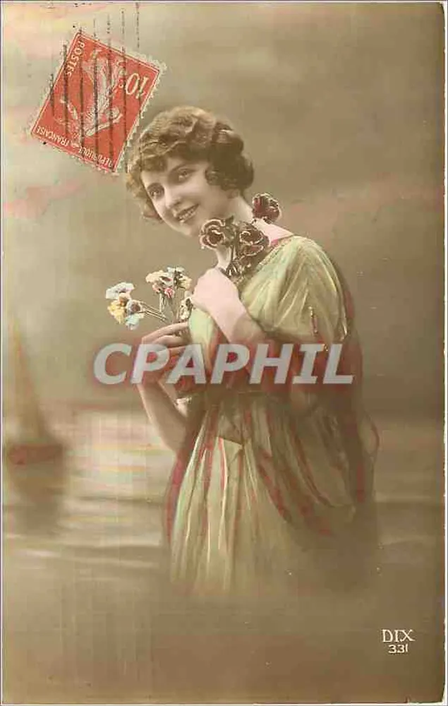 Jovem mulher com vestido colorido — segurando flores — editor DIX n° 331 - Frente