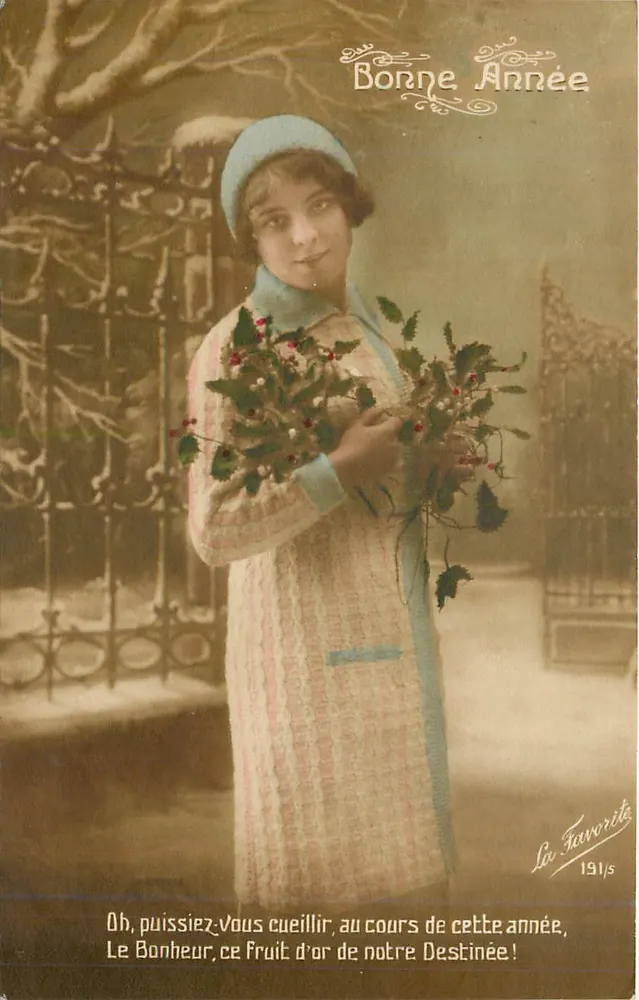 Jovem mulher segurando um arbusto de visco — Boa Ano 1919 — La Favorite 191/s - Frente