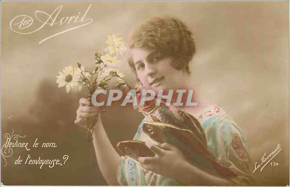 Jovem mulher com buquê de flores — 1º de Abril — La Favourite 134 - Frente