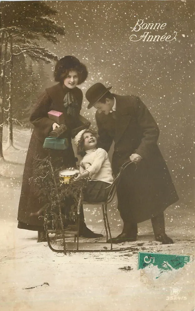 Famille enneigée — scène de Noël — REFU 3524/5 - Recto