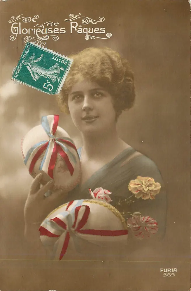 Felicitações de Páscoa — jovem mulher segurando ovos decorados — editor Furia n°569 - Frente