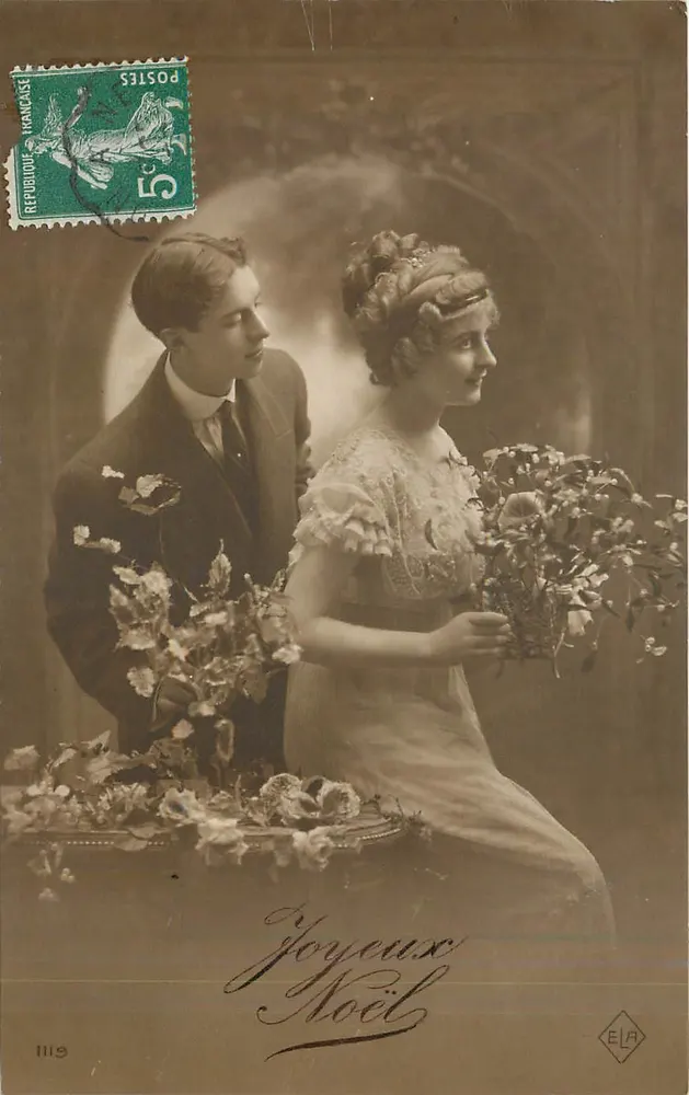 Casal em traje de festa — Feliz Natal — Editora E.L.A. n° 1115 - Frente