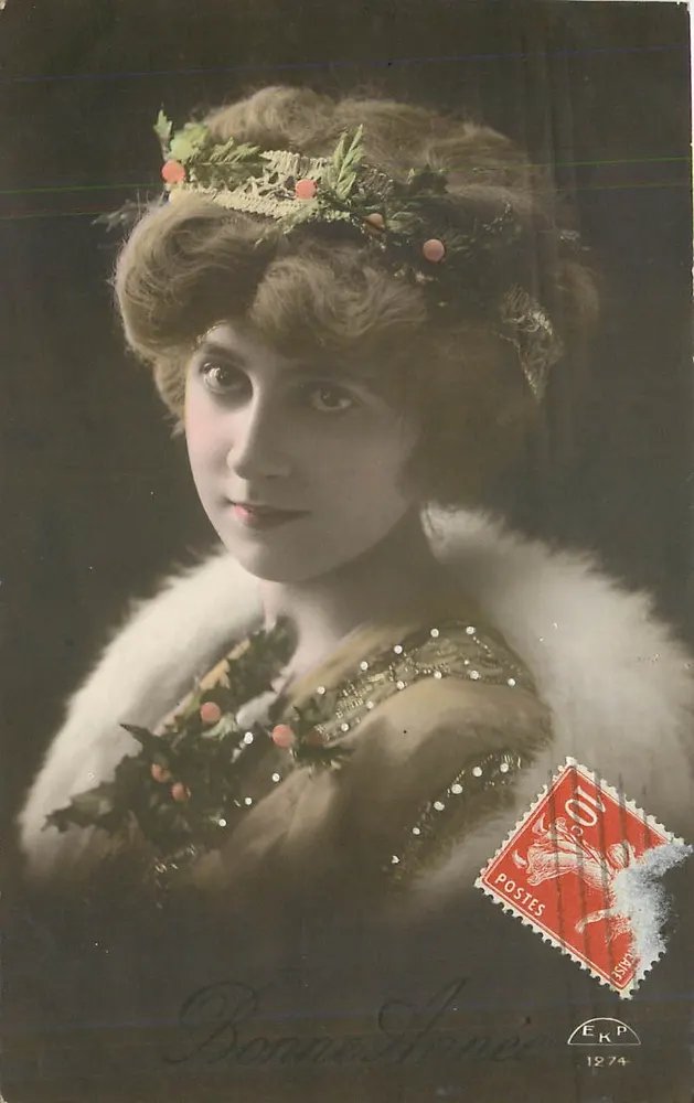 Jovem mulher com coroa de Natal — Boa Ano 1924 — E.R.P. n° 1274 - Frente
