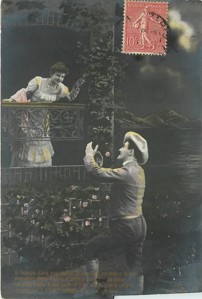 Jovem homem e mulher no balcão — cena romântica — editor M. M. Pilon, n° 411 - Frente
