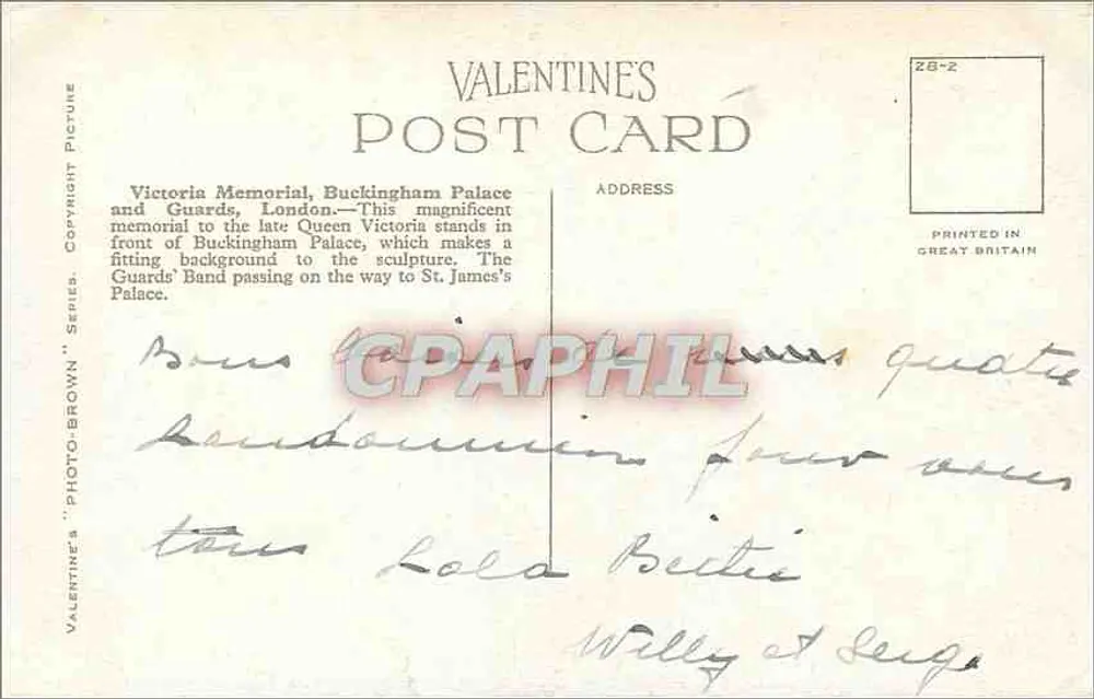 Victoria Memorial, Buckingham Palace und Guards, London — Valentine's 'Photo-Brown' Series, n° 99505 - Rückseite