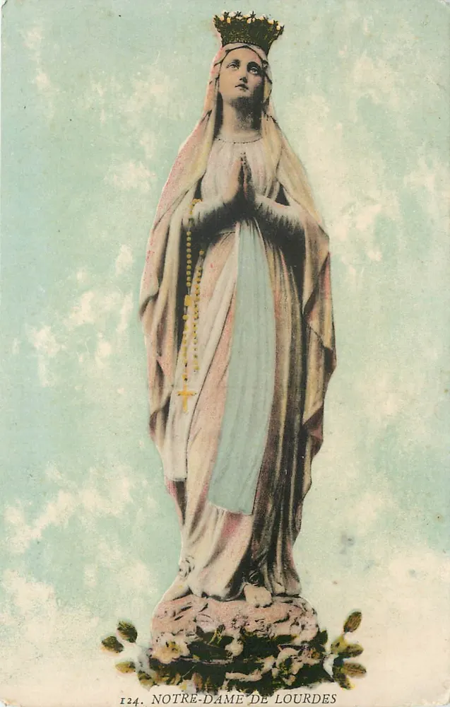 Nossa Senhora de Lourdes — estátua com coroa e rosário — Edição F. Viron, n°124 - Frente
