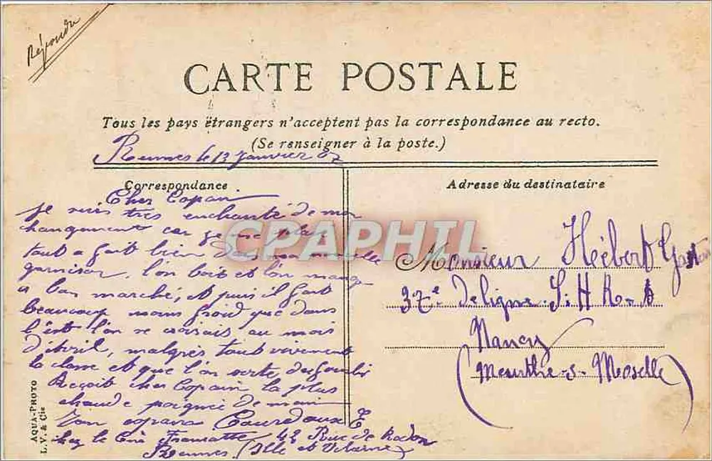 Reims - Hotel de Ville — editor L.V. & Cie, n° 602 - Verso