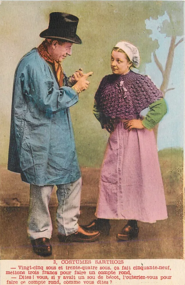 Trajes Sarthois — cena humorística com casal em traje tradicional — editor A. Pliet, Le Mans - Frente