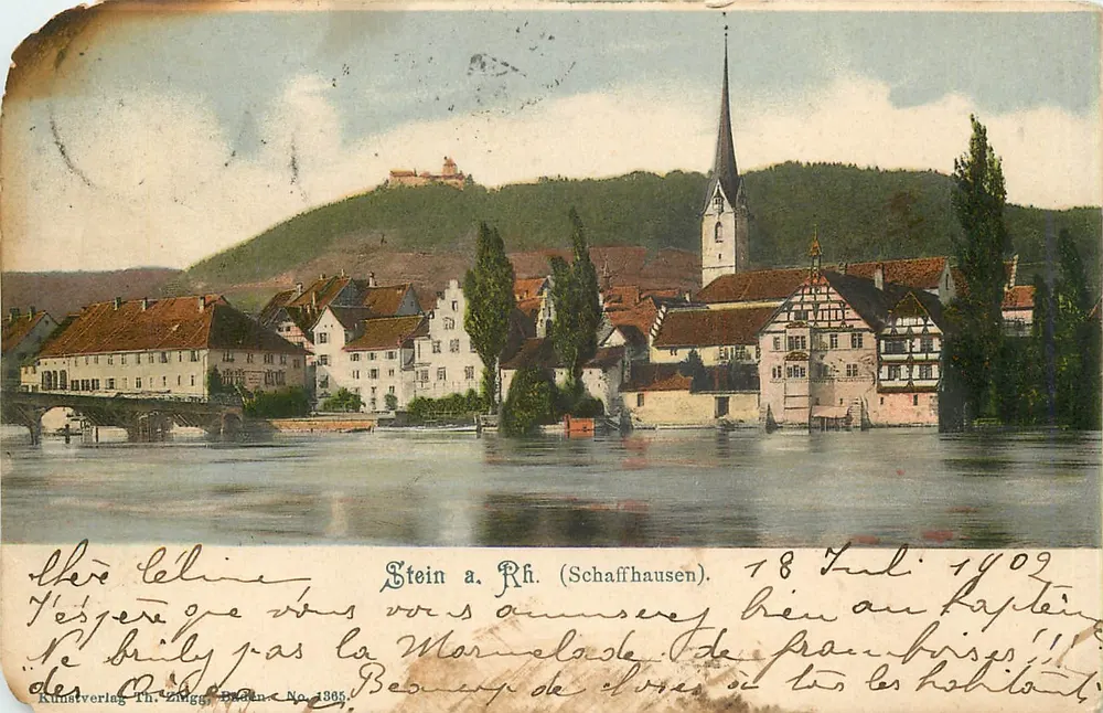 Stein a. Rh. (Schaffhausen) — vista do vilarejo e do castelo na colina — Kunstverlag Th. Zügg, No 1905 - Frente