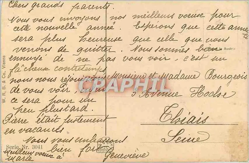 Capela nevada — cena invernal com inscrição 'Bom Ano' — W. R. B. & Co. Viena, série 3041 - Verso
