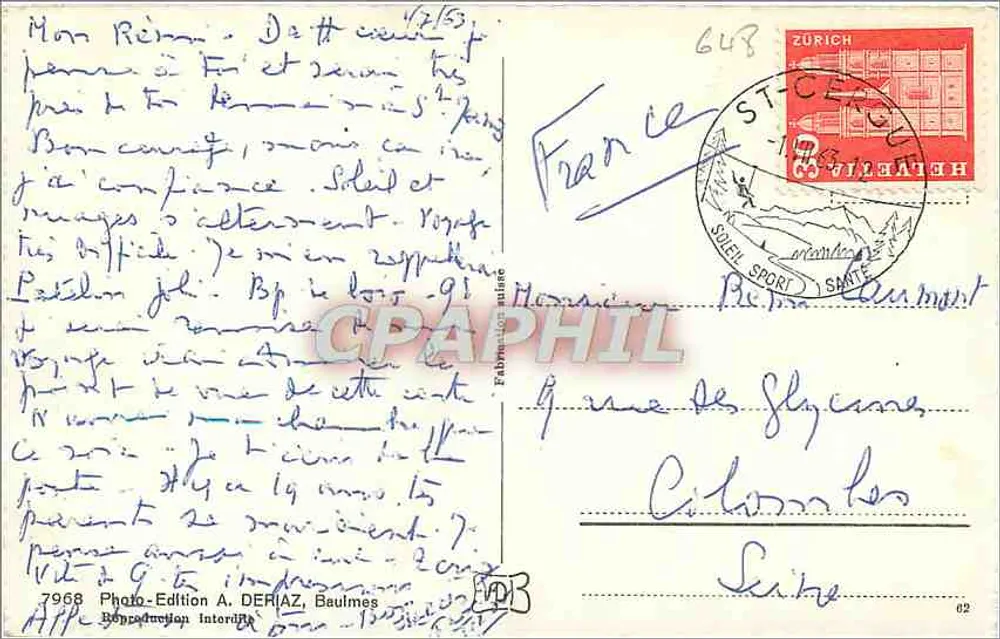 El Monte Blano y el Léman vistos desde St-Cergue — Edición fotográfica A. DERIAZ, Baume-les-Dames - Reverso