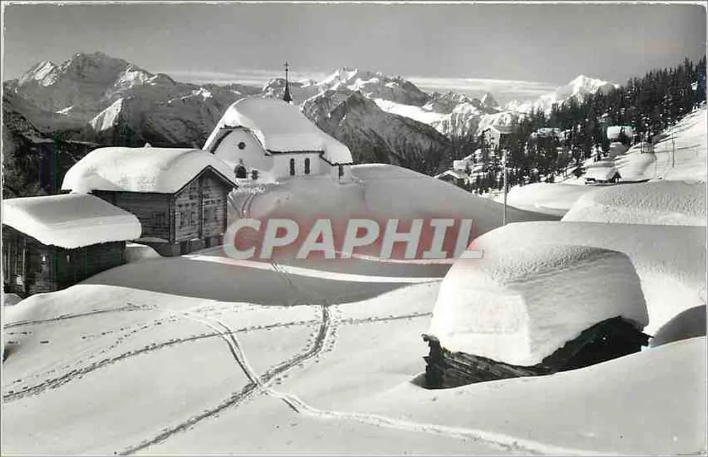 Bettmeralp — schneedeckte Ansicht mit Kirche und Bergen — Phot. Klopferstein - Pielboden - Vorderseite