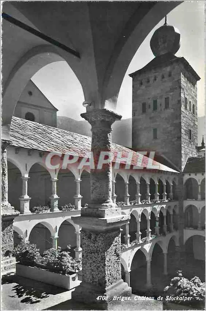 Brigue. Castelo de Stockalper — Bilhete postal antigo n°4708, editor Marcel Rodier, Lausanne - Frente