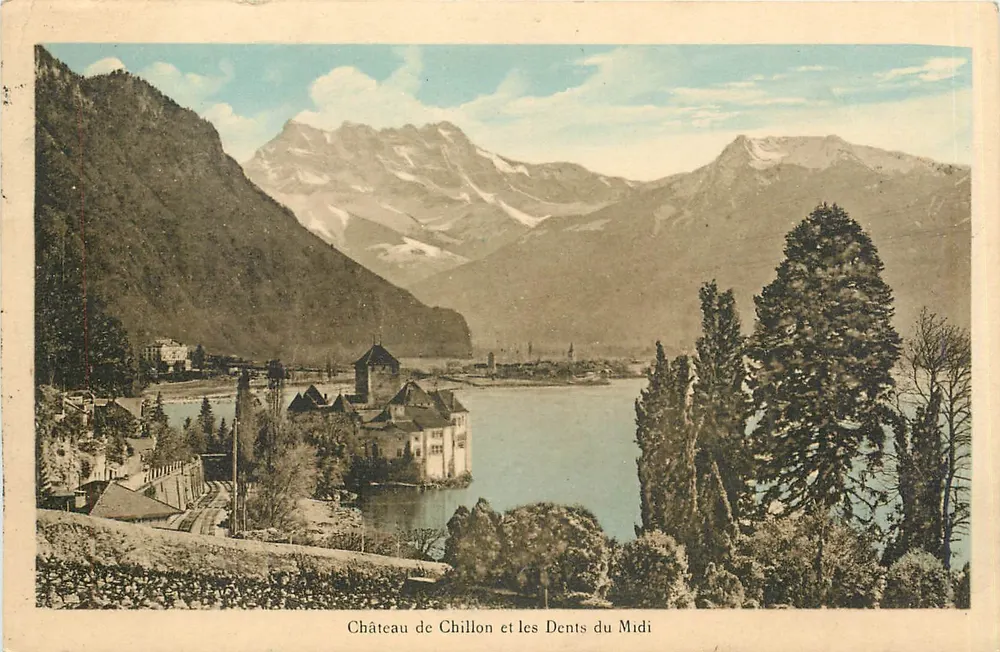 Castillo de Chillon y los Dientes del Mediodía — vista lacustre con montañas nevadas — editor no visible - Anverso