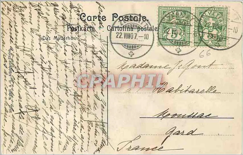 Le Matterhorn — vue panoramique enneigée — éditeur W. A. G. Kuehne & Co. n° 10 - Verso