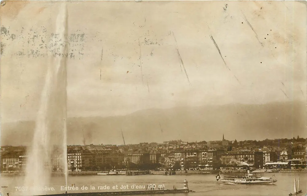 Genebra. Entrada da baía e Jato d'água (90 m) — editor 'Adan, frères, Neuchâtel' — n° de série 7037 - Frente