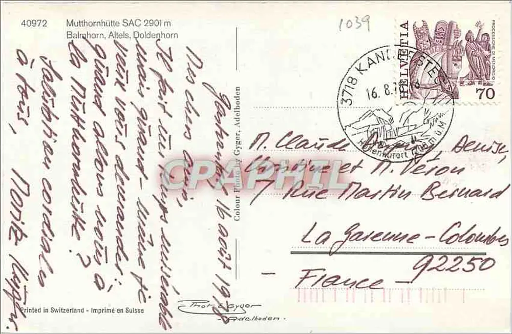 Mutthornhütte SAC 2901 m — Balfrhorn, Altels, Doldenhorn — Printed in Switzerland - Back