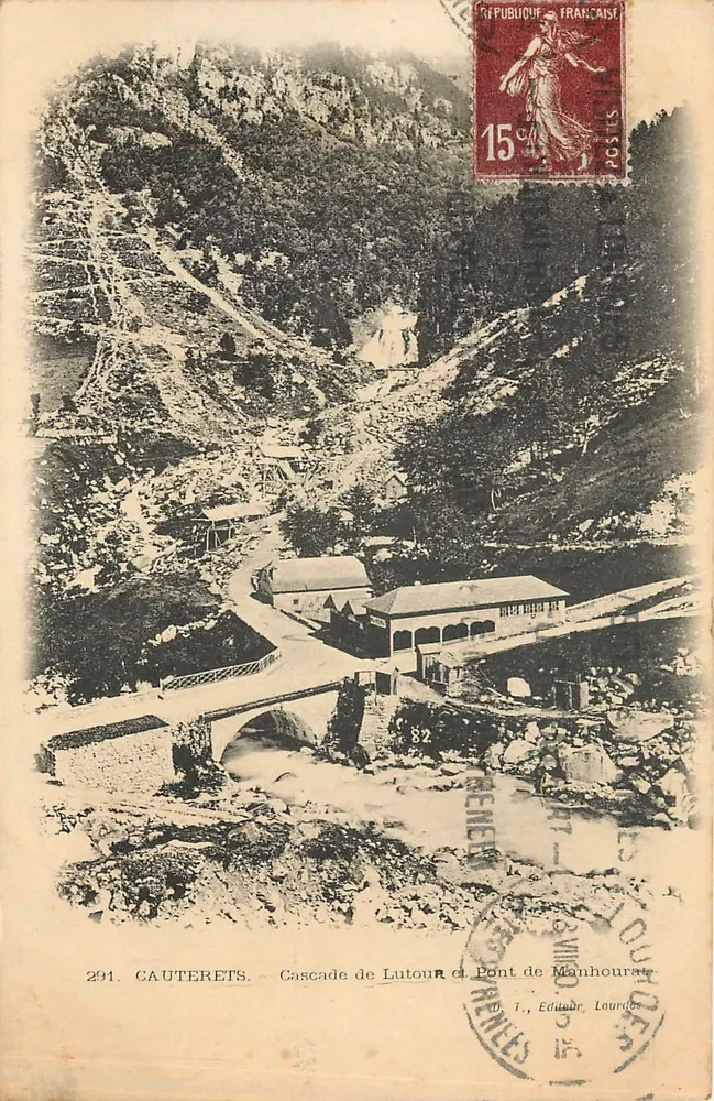Gauterets — Cascata de Lutour e Ponte de Manhourat — Editor T. Lourdes, n°291 - Frente