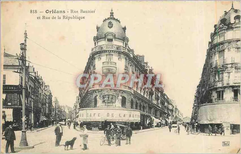 Orléans - Rue Bannier et Rue de la République — Café de la Rotonde — éditeur Daé, n° 818 - Recto