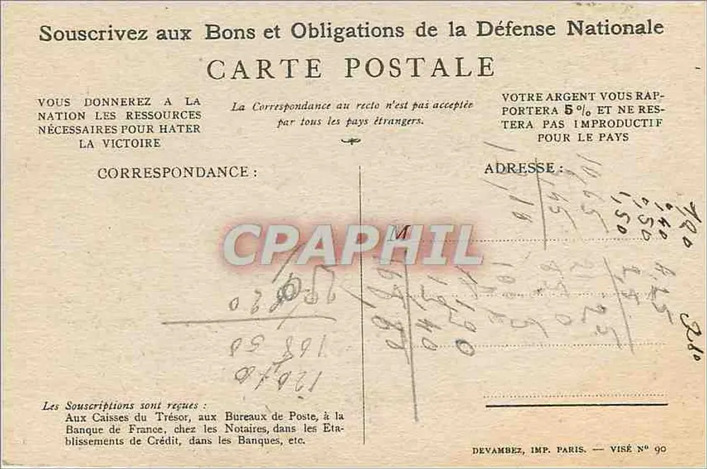 Soldado gritando 'On les aura !' — Subscreva aos Títulos da Defesa Nacional — Devambez, Imp. Paris — Visé N° 90 - Verso
