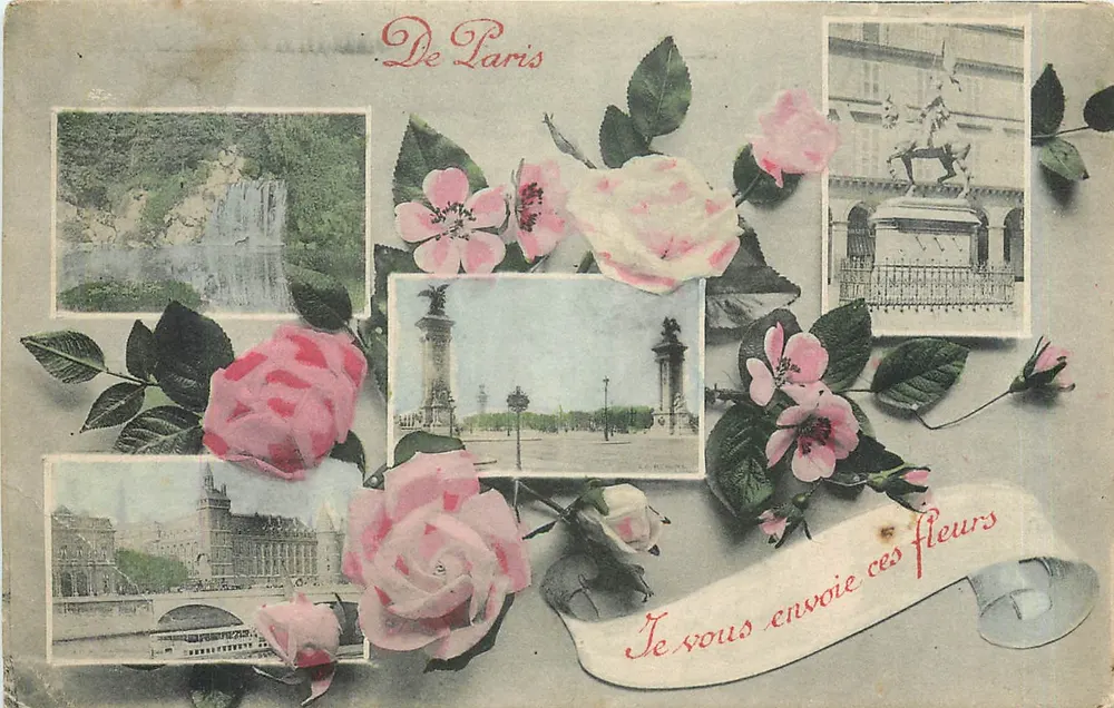 París — vista compuesta con rosas y monumentos — editor no visible - Anverso