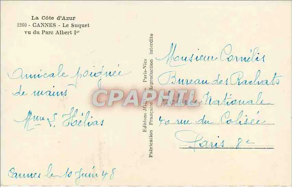 Cannes - Le Suquet vu du Parc Albert Ier — Éditions Françaises, n° 2260 - Verso