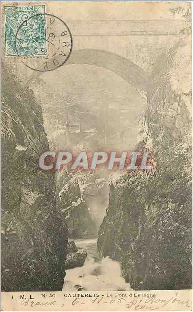 Cauterets - O Ponte da Espanha — vista do ponte de pedra sobre um canyon — editor L.M.L. N° 40 - Frente