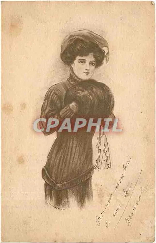 Jovem mulher com capa e chapéu — ilustração — editor desconhecido - Frente