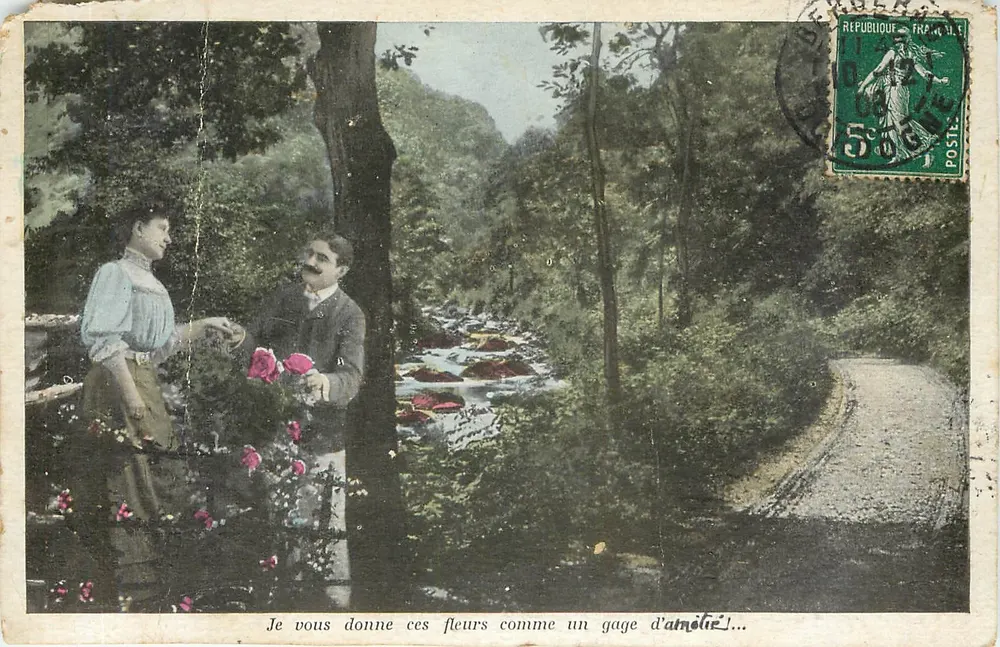 Je vous donne ces fleurs comme un gage d'amour... — scène de courtoisie en forêt, éditeur non visible, n° de série non lisible - Recto