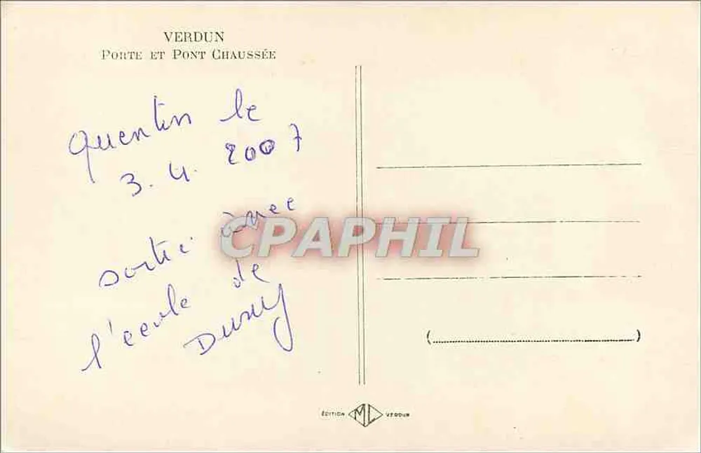 Verdun — Porta e Ponte Chaussée — Edição M.L. Verdun - Verso