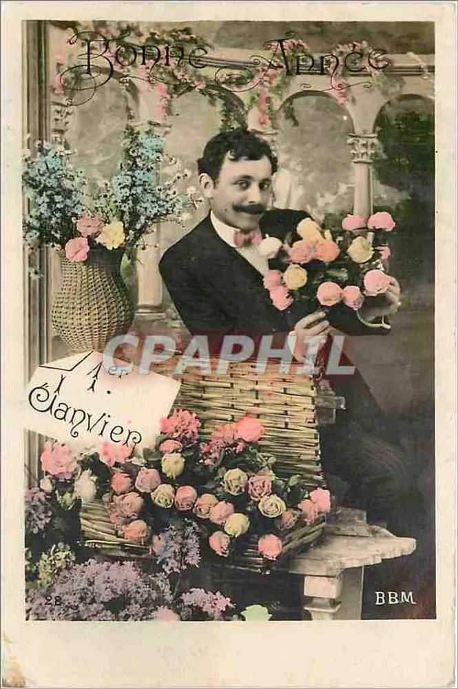 Homem com buquê de rosas — Boa Ano — Editor Élapvlier, n° 28 - Frente