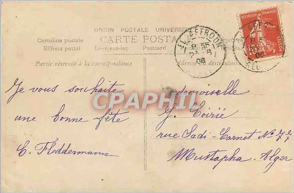 Petite fille avec bouquet de fleurs — texte imprimé 'Je vous les donne avec un gros baiser' — éditeur S. & C. (sous le timbre) - Verso