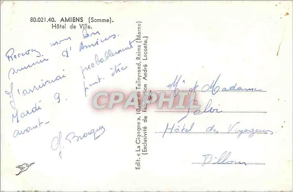 Amiens (Somme) — Hotel de Ville — Ed. « La Cigogne » - Verso